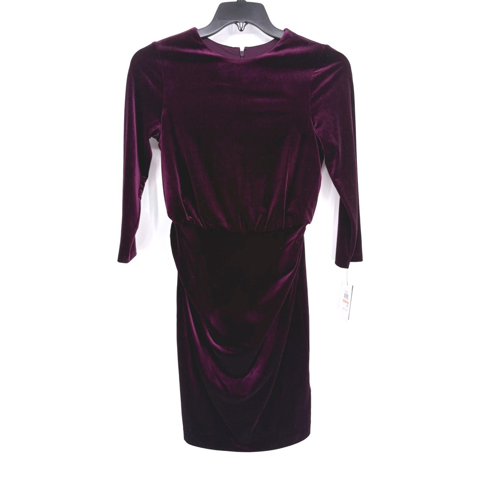 DKNY Dress Women 2 Purple Velvet Sheath 3/4 Sleeve Holiday Cocktail Luxe